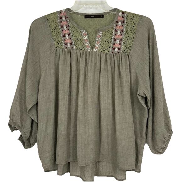 Azel Hazel Hazel Haze Boho Crop Top Green Lace Embroidered 3/4 Sleeve Size M - Picture 1 of 9
